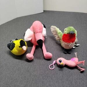 Wild Republic & Ty Beanie Baby Bird Plush Lot Flamingo Hummingbird